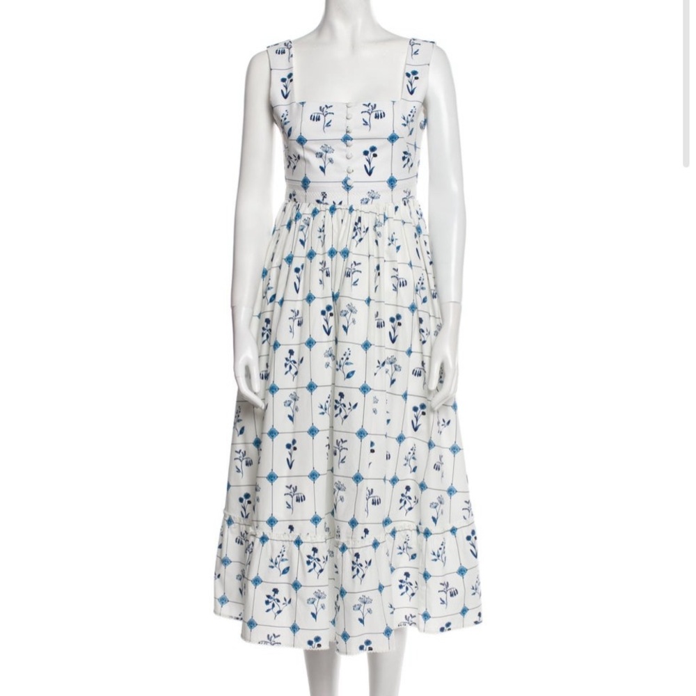 Agua by Agua Bendita White Dress with Blue Floral Design
